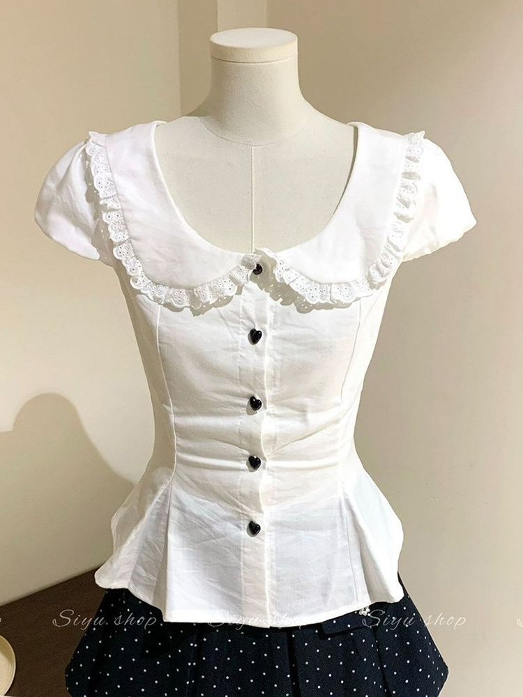 Summer Japanese Clothing - 화이트 슬림 스위트 셔츠 여성 퍼프