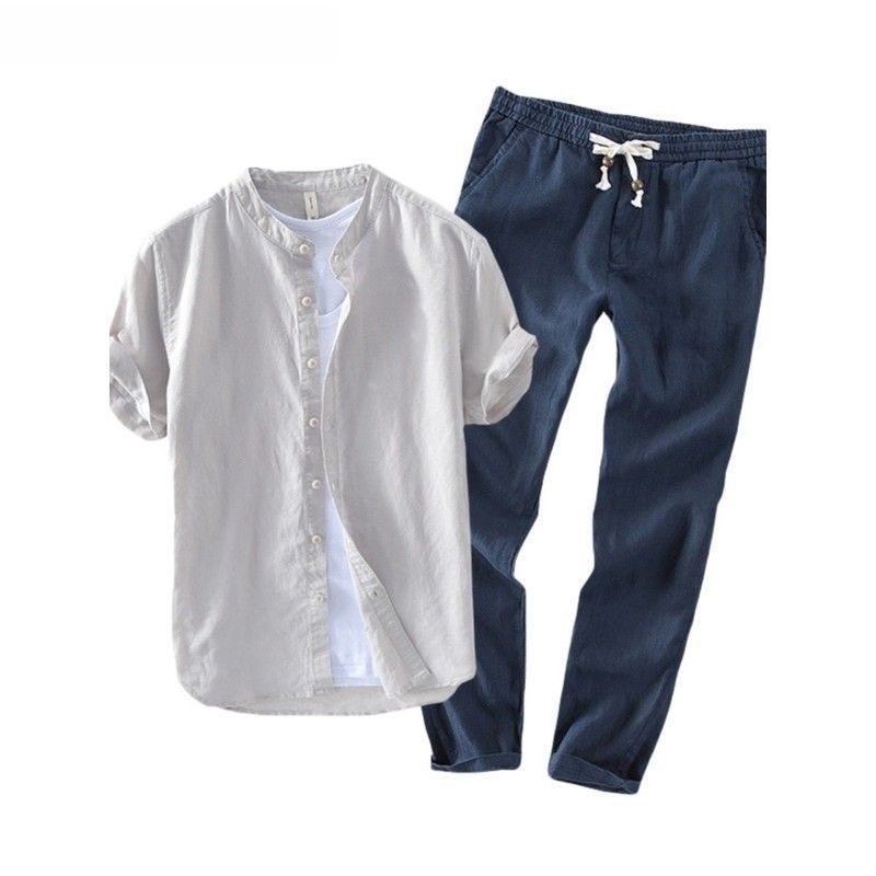 Summer Clothing Wear - 남성 린넨 반팔 캐주얼 셔츠 및