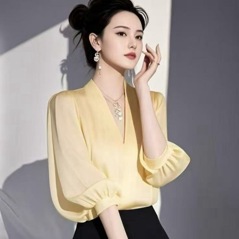 Yellow Summer Clothing - 빈티지 여성 블라우스 쉬폰 셔츠 패션