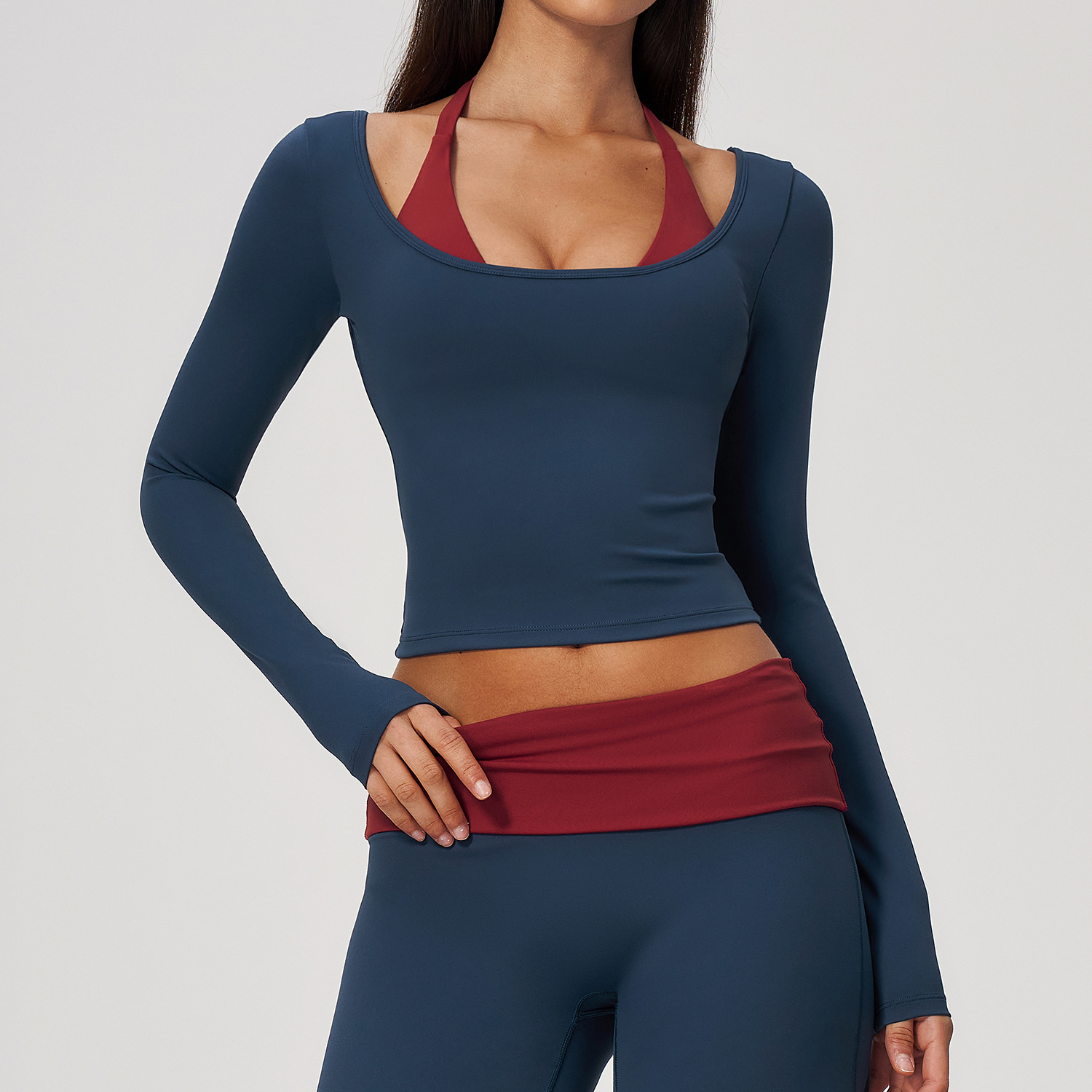 Halter Neck Top - 2-in-1 페이크 투피스 홀터 요가탑 긴팔