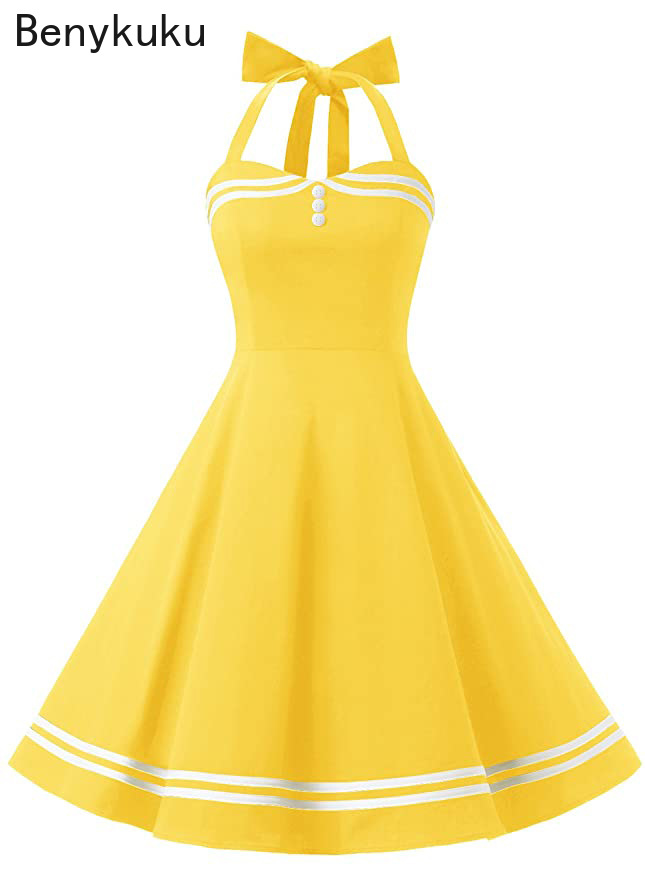 Yellow Summer Clothing - 빈티지 홀터넥 옐로우 드레스 섹시 레트로