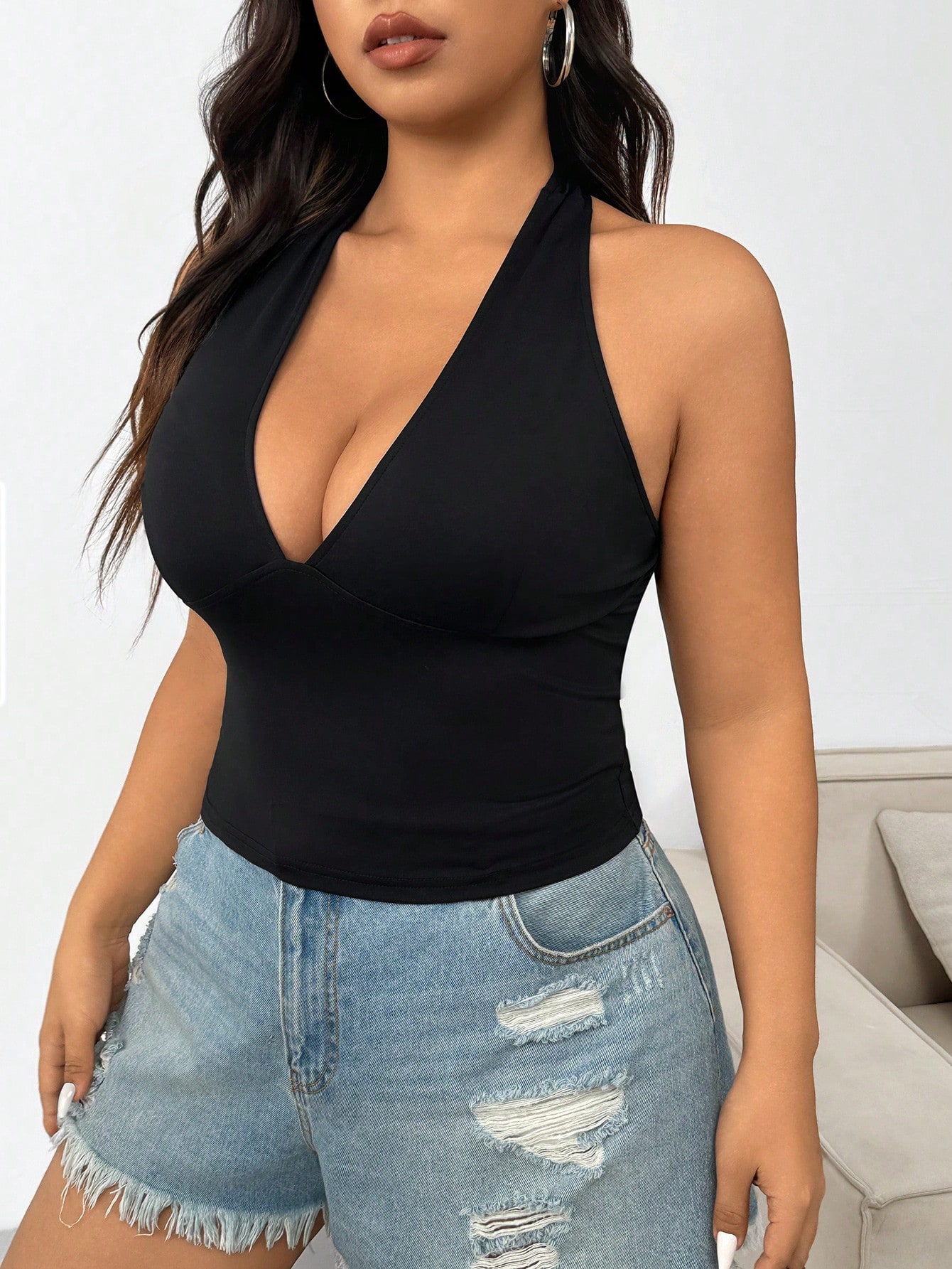 새로운 패션 솔리드 컬러 플러스 사이즈 여성 패션 섹시 - Halter Neck Top 리뷰 및 가격