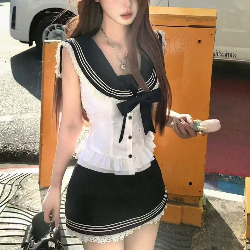 대학 스타일 보우 스위트 2 피스 세트 여성 스위트 선 - Summer Japanese Clothing 리뷰 및 가격