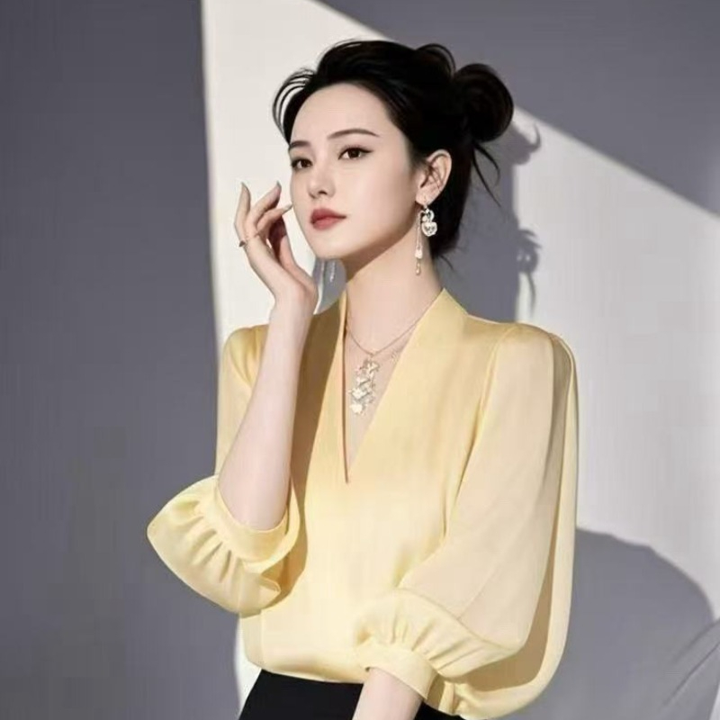 빈티지 여성 블라우스 쉬폰 셔츠 패션 슬림 여름 V넥  - Yellow Summer Clothing 리뷰 및 가격