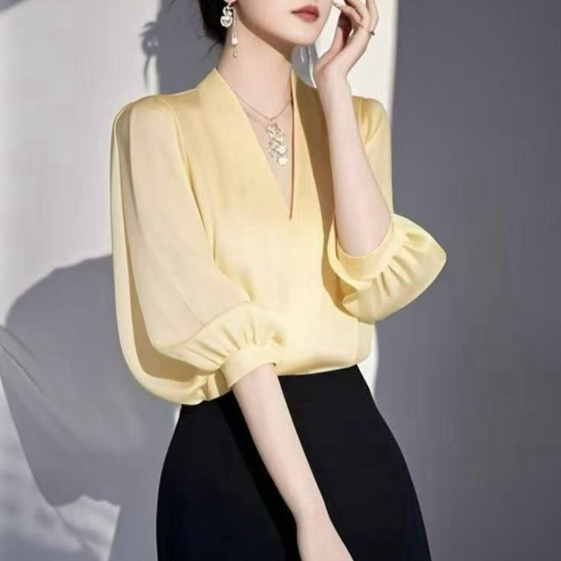 빈티지 여성 블라우스 쉬폰 셔츠 패션 슬림 여름 V넥  - Yellow Summer Clothing 리뷰 및 가격
