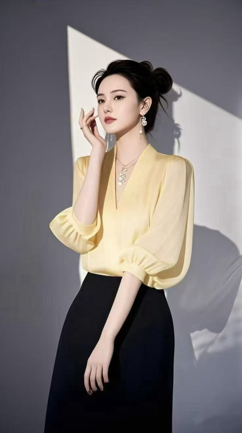 빈티지 여성 블라우스 쉬폰 셔츠 패션 슬림 여름 V넥  - Yellow Summer Clothing 리뷰 및 가격