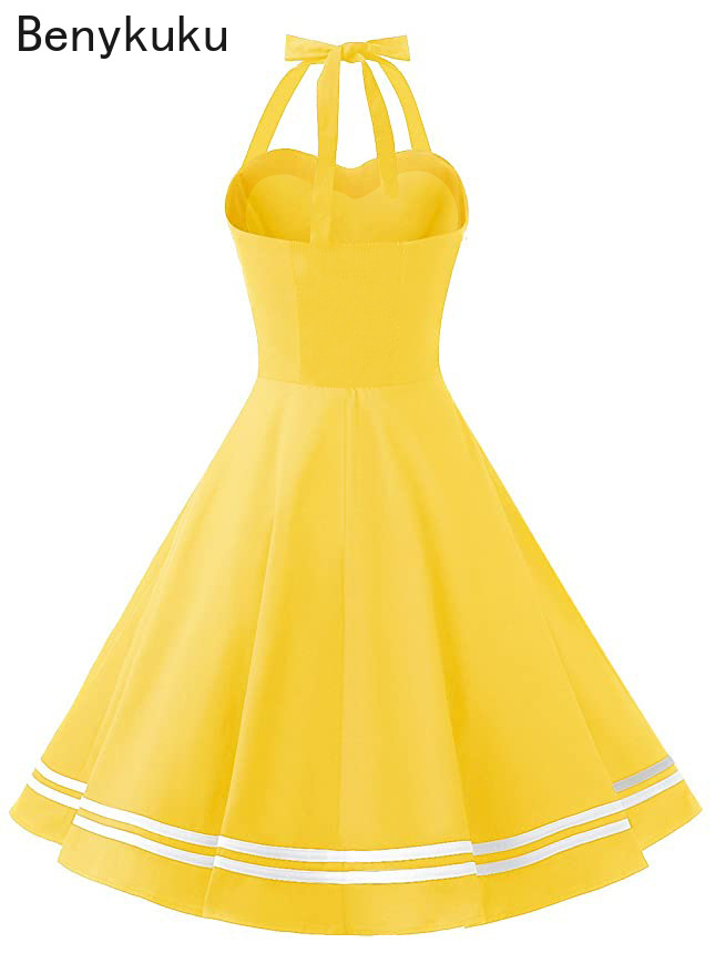 빈티지 홀터넥 옐로우 드레스 섹시 레트로 로브 팜므 핀 - Yellow Summer Clothing 리뷰 및 가격