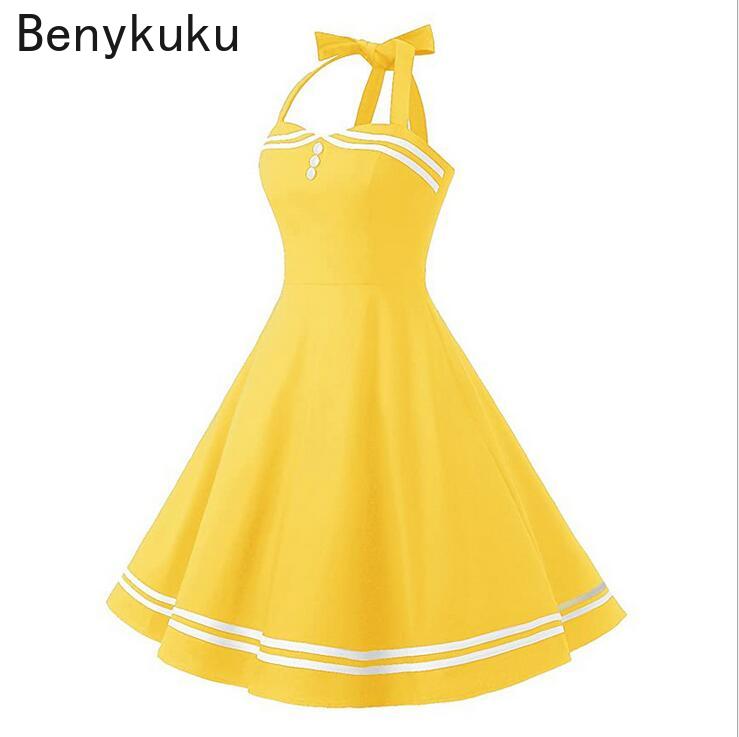 빈티지 홀터넥 옐로우 드레스 섹시 레트로 로브 팜므 핀 - Yellow Summer Clothing 리뷰 및 가격