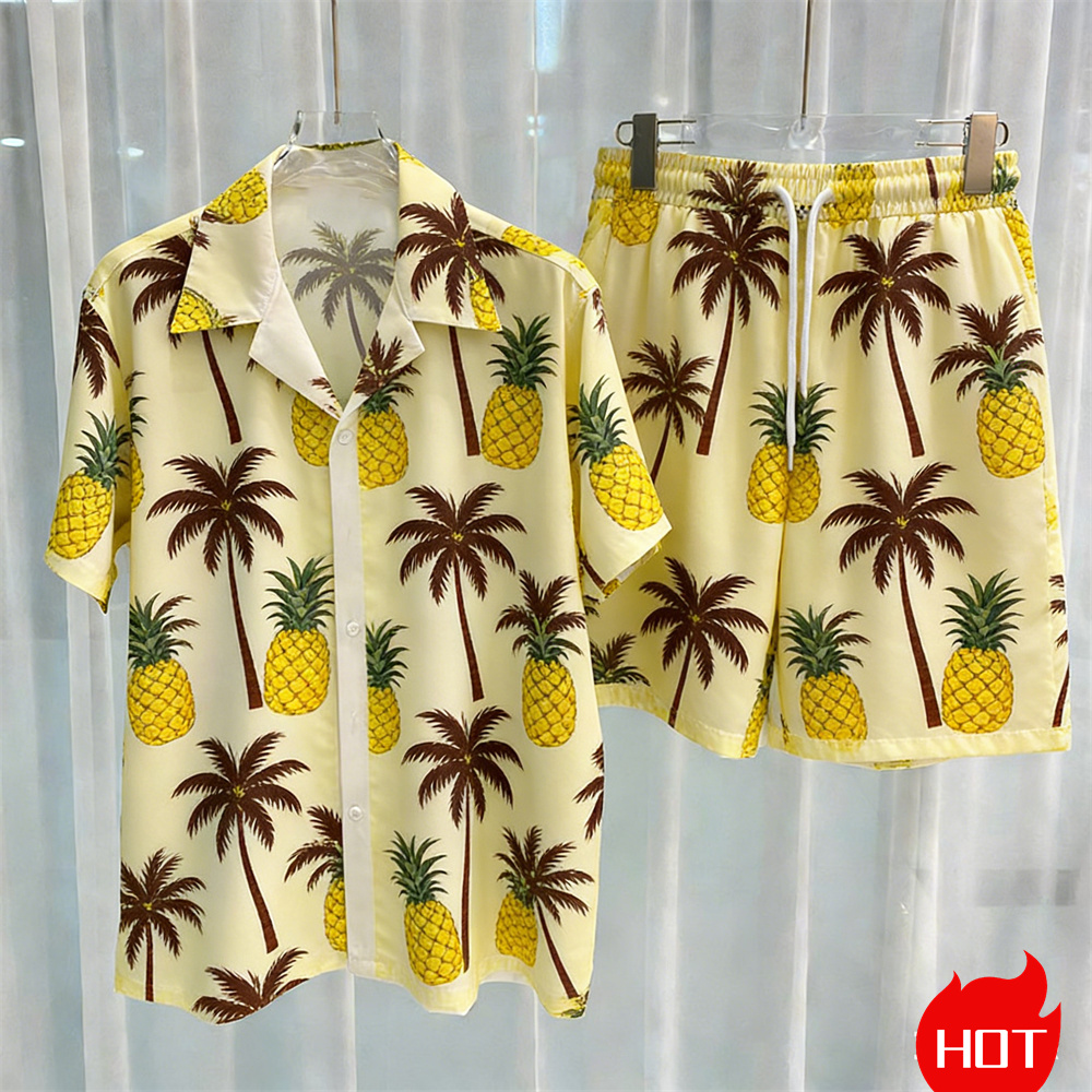 여름 남성 셔츠 세트 식물 패턴 폴리에스테르 투피스 셔 - Summer Clothing Vacation 리뷰 및 가격