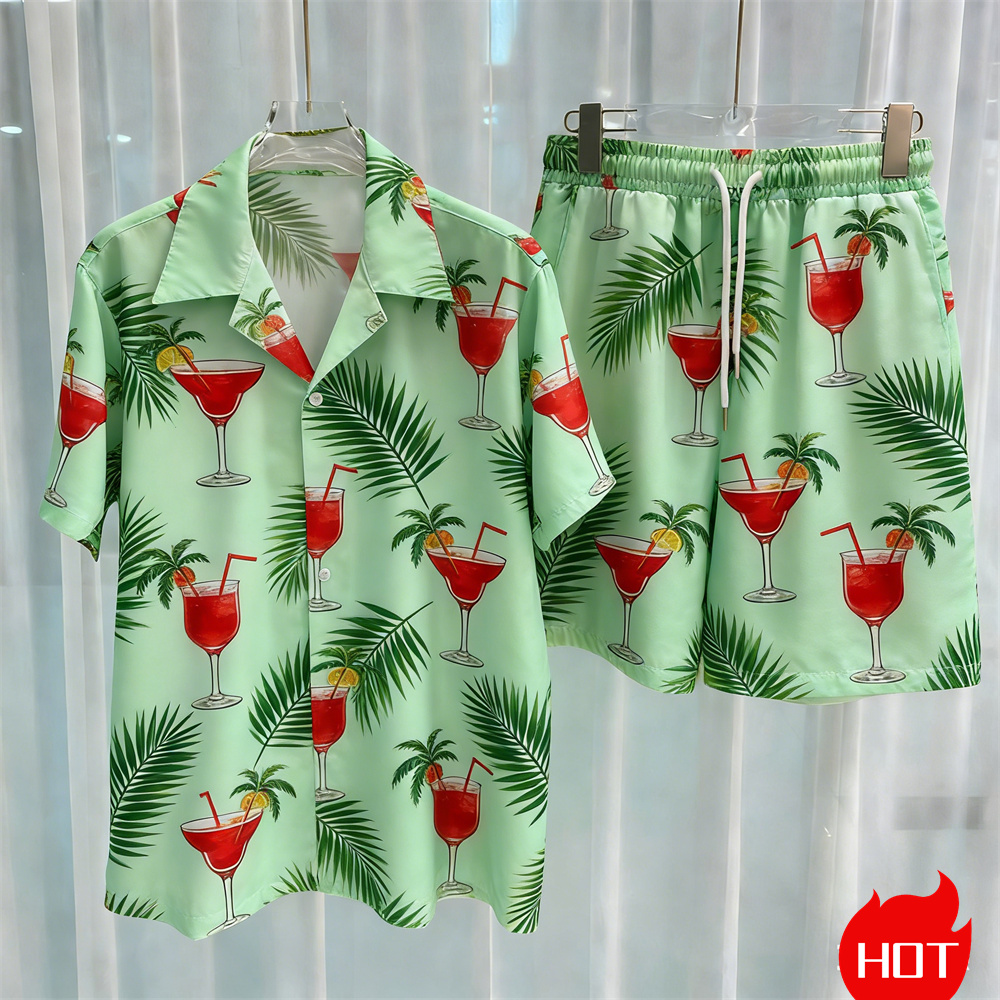여름 남성 셔츠 세트 식물 패턴 폴리에스테르 투피스 셔 - Summer Clothing Vacation 리뷰 및 가격