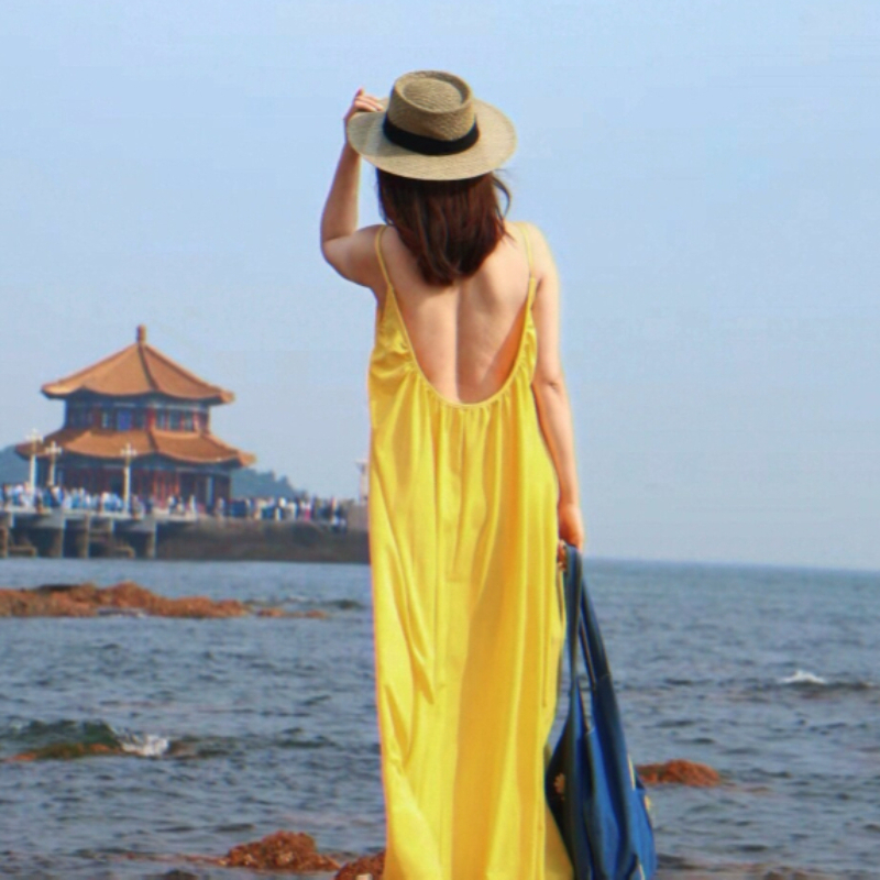 여성 비치 스타일 백리스 섹시 옐로우 드레스, 옆트임, - Yellow Summer Clothing 리뷰 및 가격