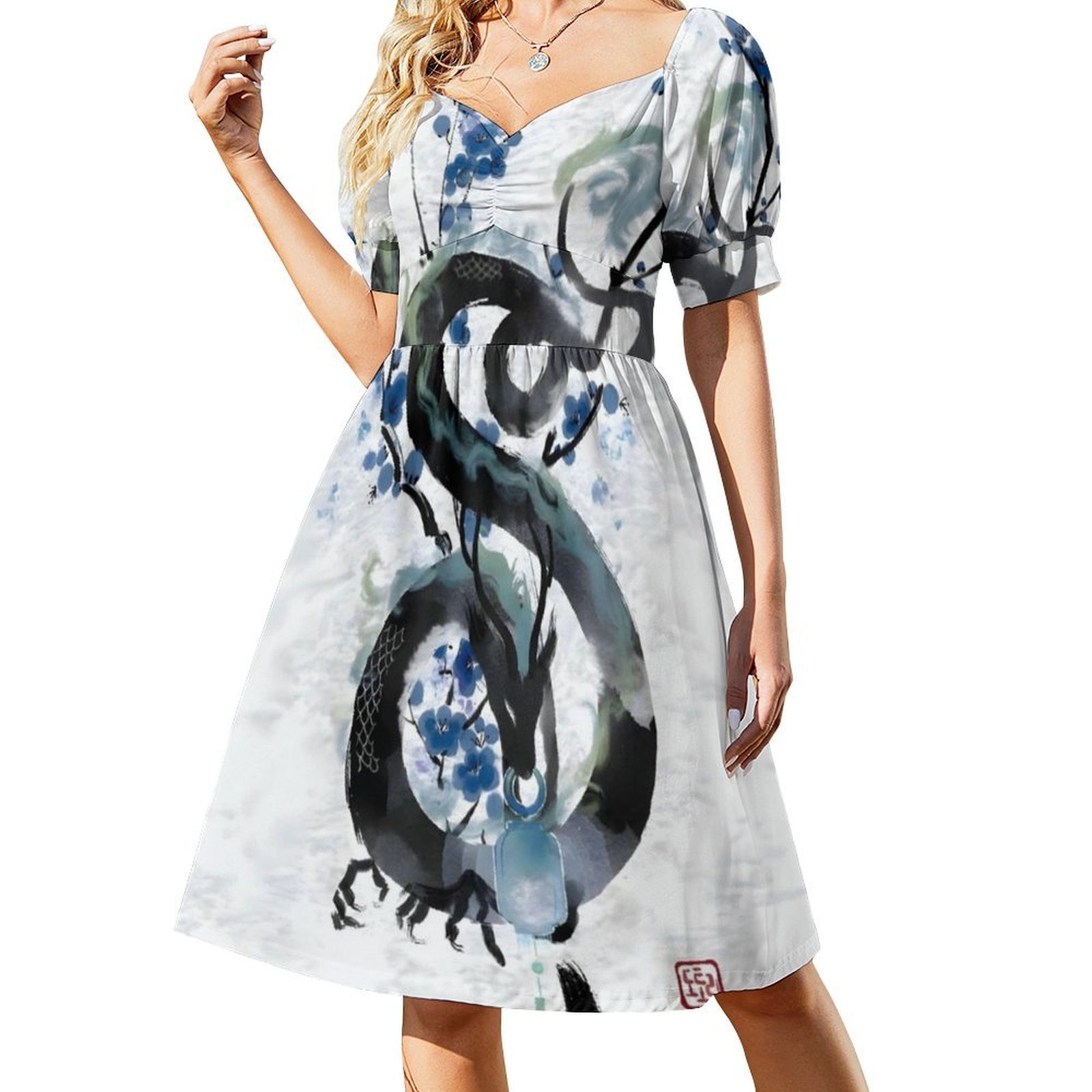 일본 블루 나이트 드래곤 잉크 워시 여성 스트리트웨어  - Summer Japanese Clothing 리뷰 및 가격