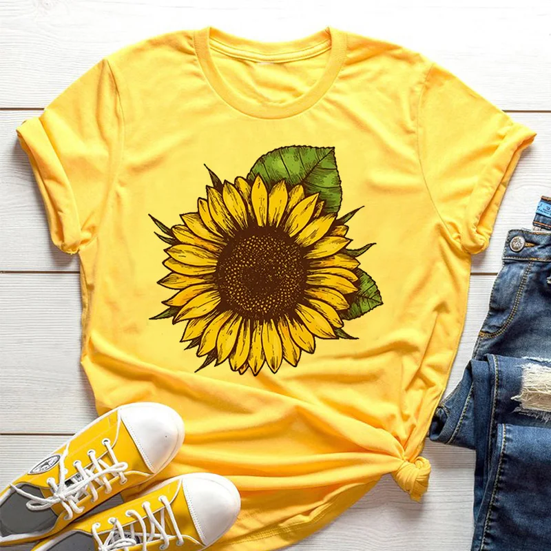 노란색 여성 티셔츠 해바라기 꿀벌 미적 패턴 반팔 셔츠 - Yellow Summer Clothing 리뷰 및 가격